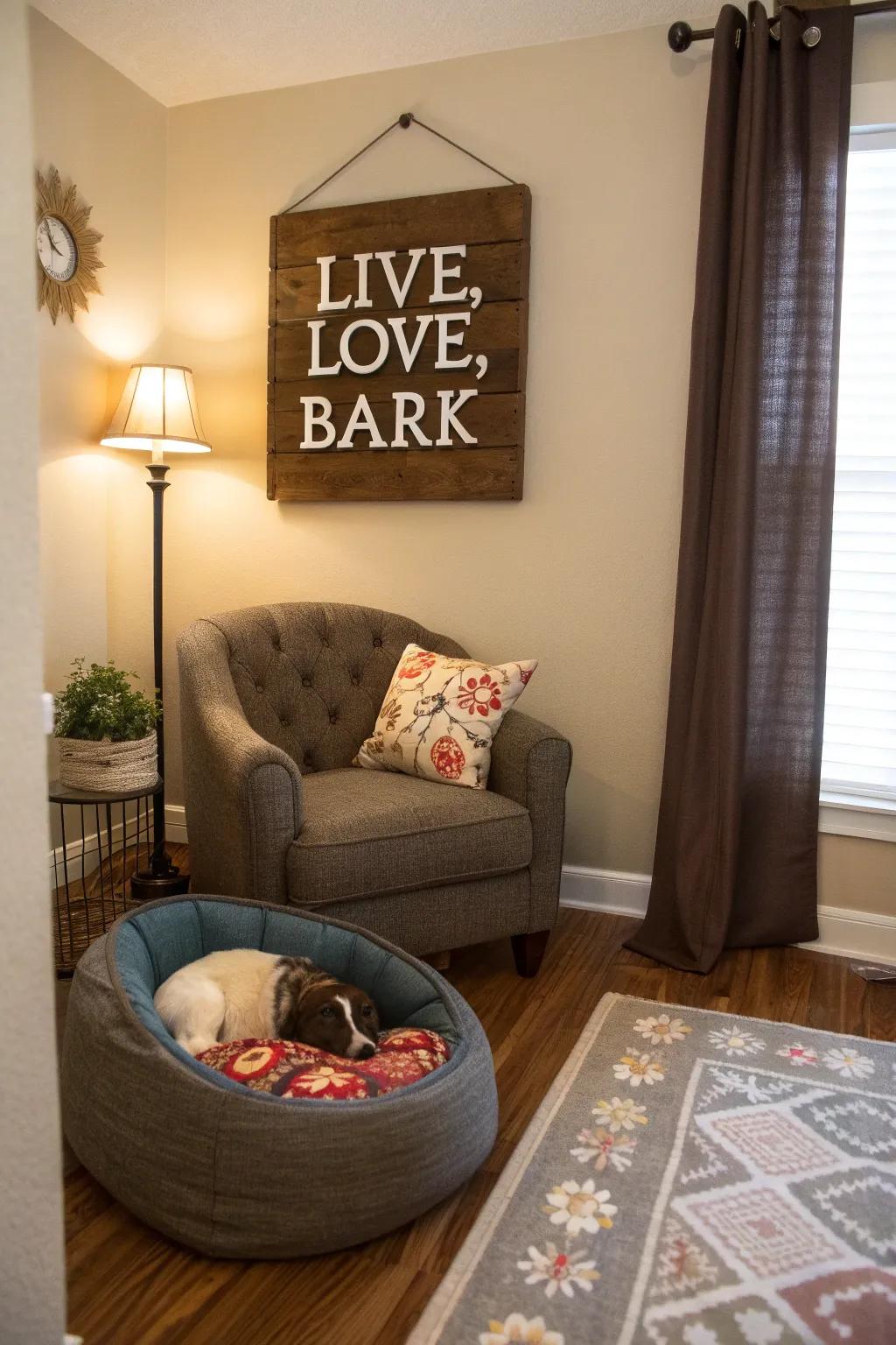 A cozy living room area featuring a canine devotee display stating, 'Live, Love, Bark' above the pet bed.