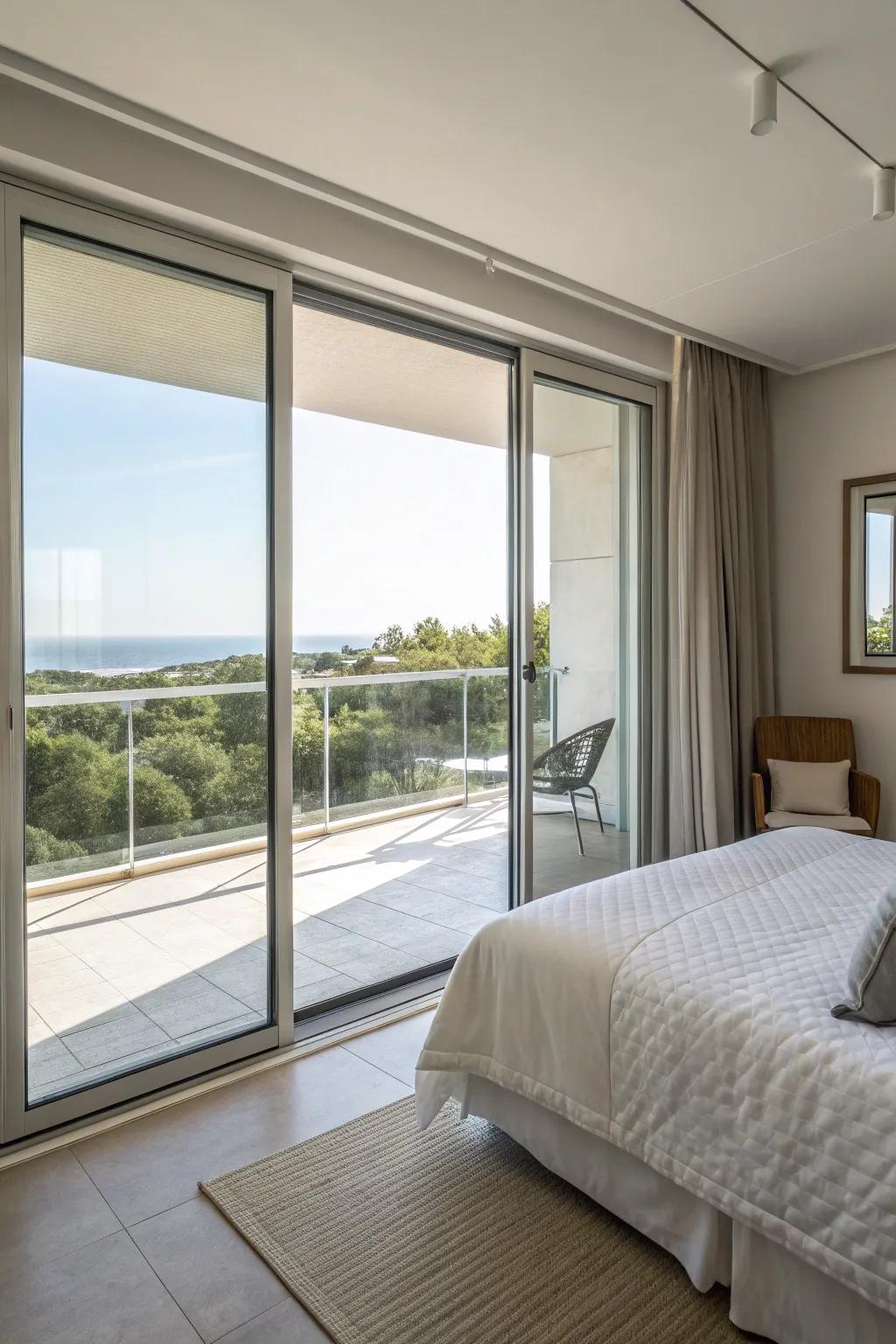 Modern sliding doors linking the bedroom to the balcony.