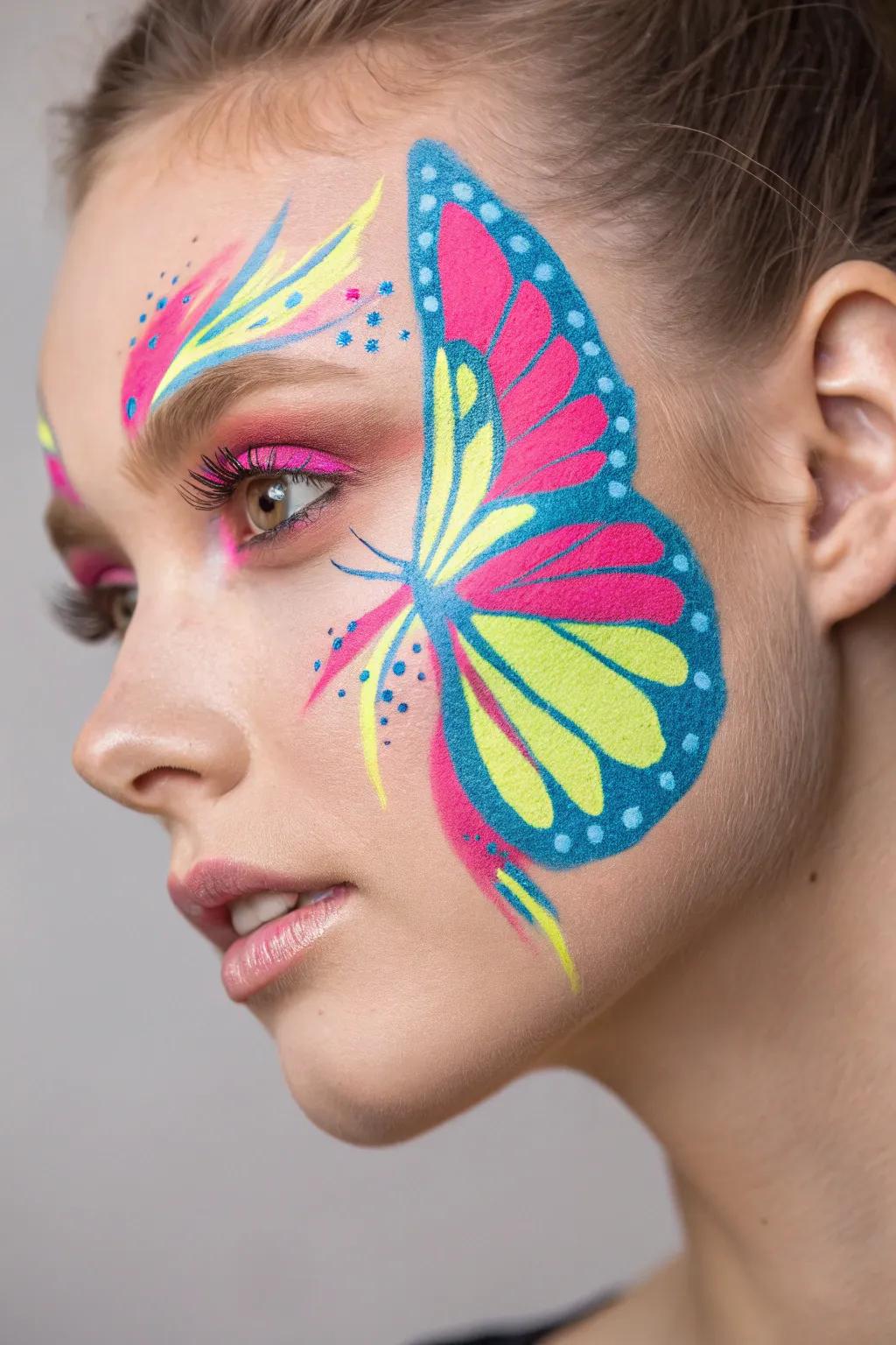 Brighten your aesthetic with this glowing fluorescent butterfly visage decoration, perfect for adding a bold touch of nature-inspired beauty.