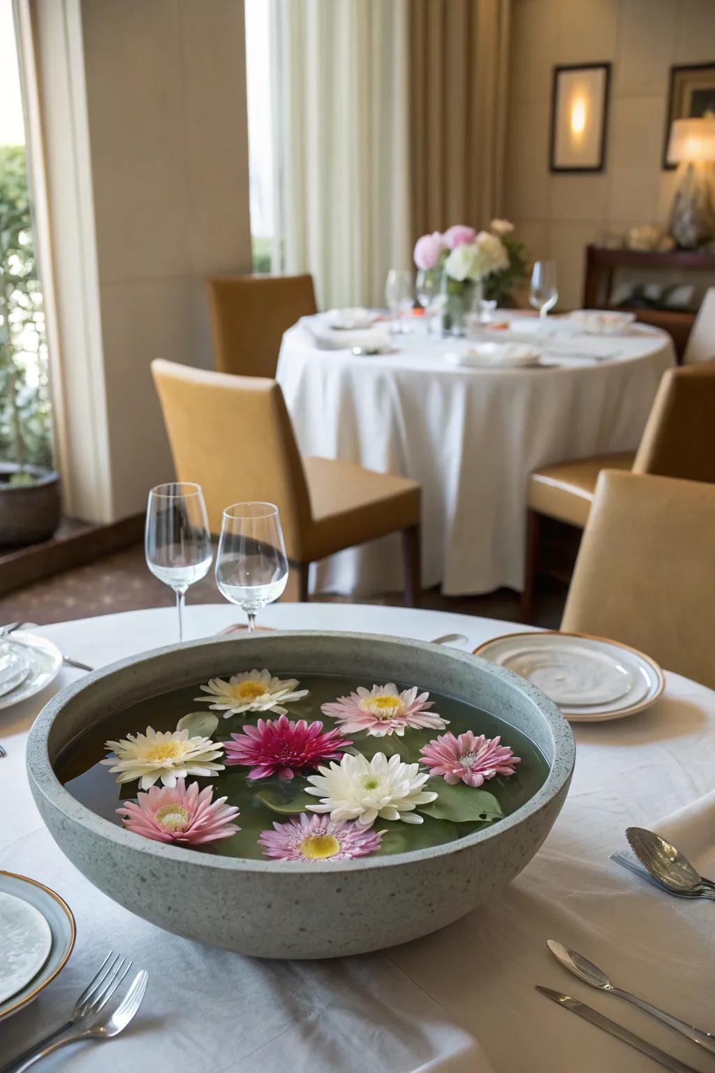 Float blooms offer a unique and sophisticated centerpiece.