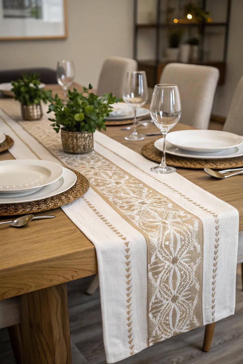 A table skirt integrates the dining space's colors.