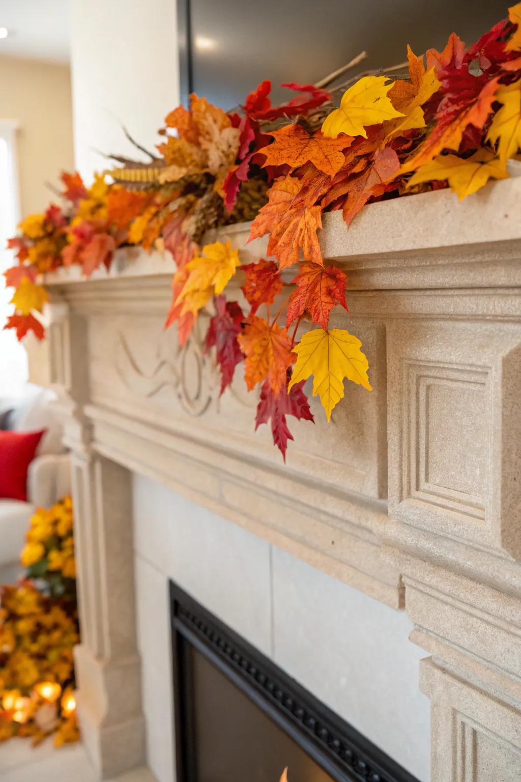 A sophisticated mantel with a subtle background and vibrant fall accents.