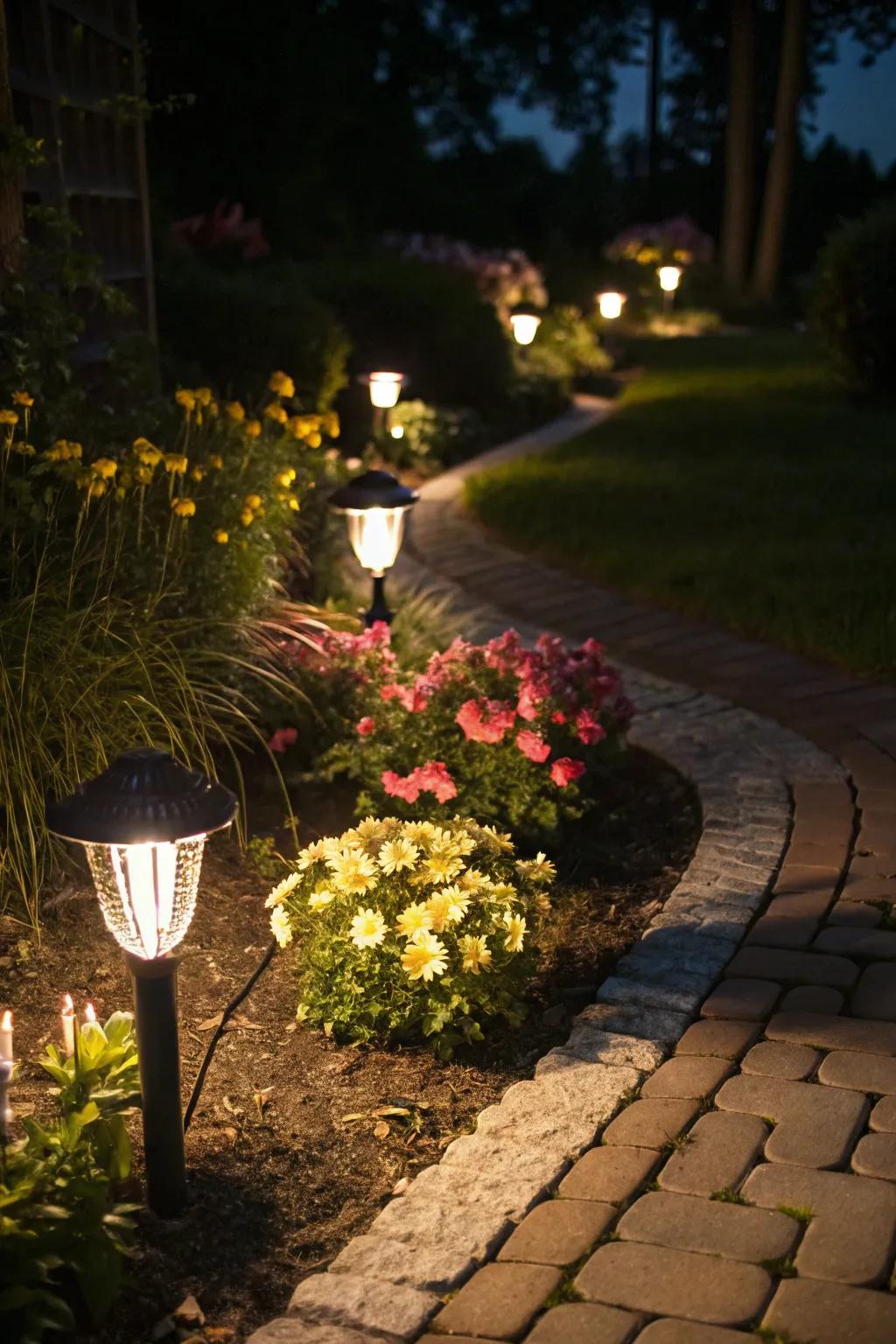 A nighttime garden brought to life with solar lighting.