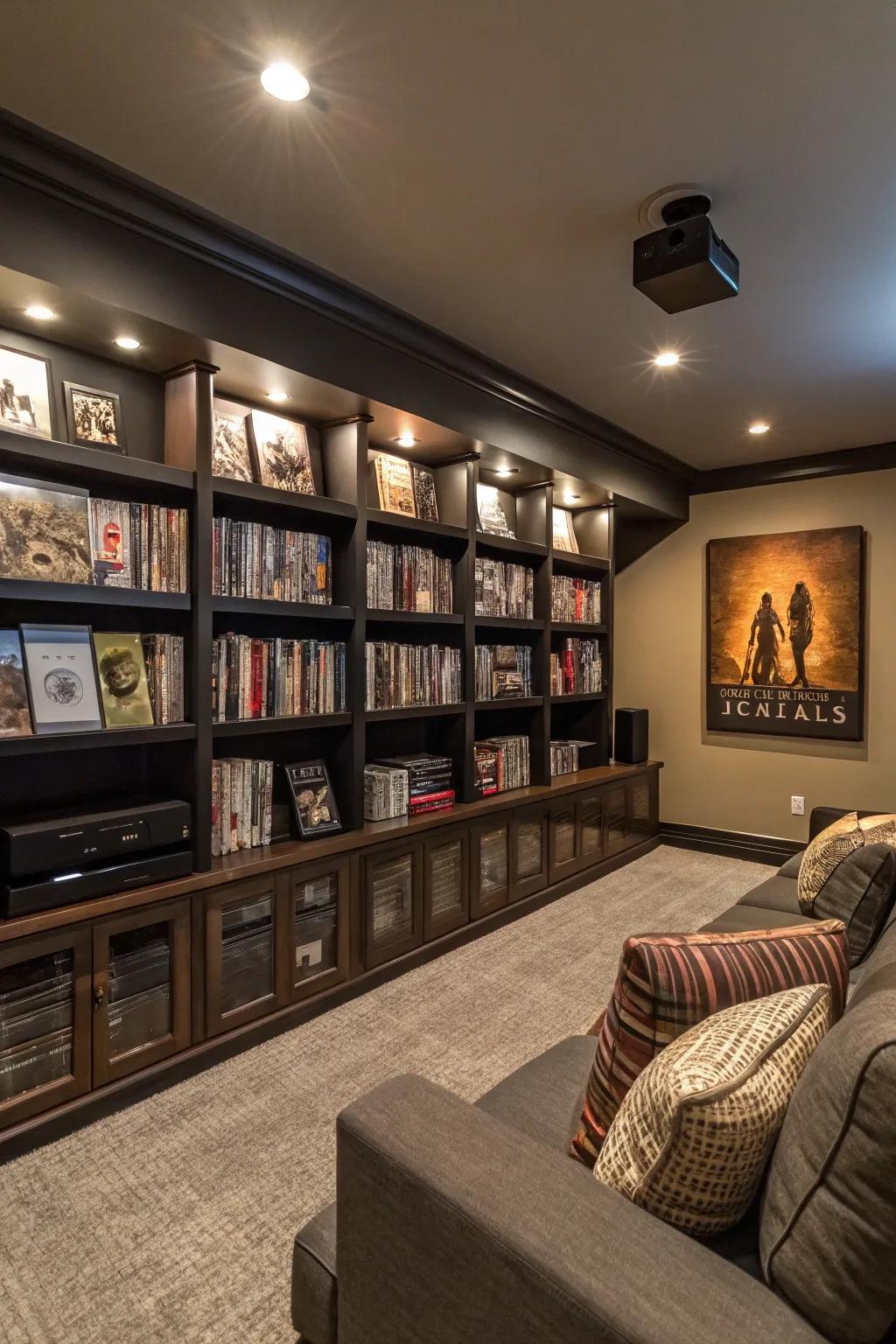 Shelves adding usefulness and style to a home theater.