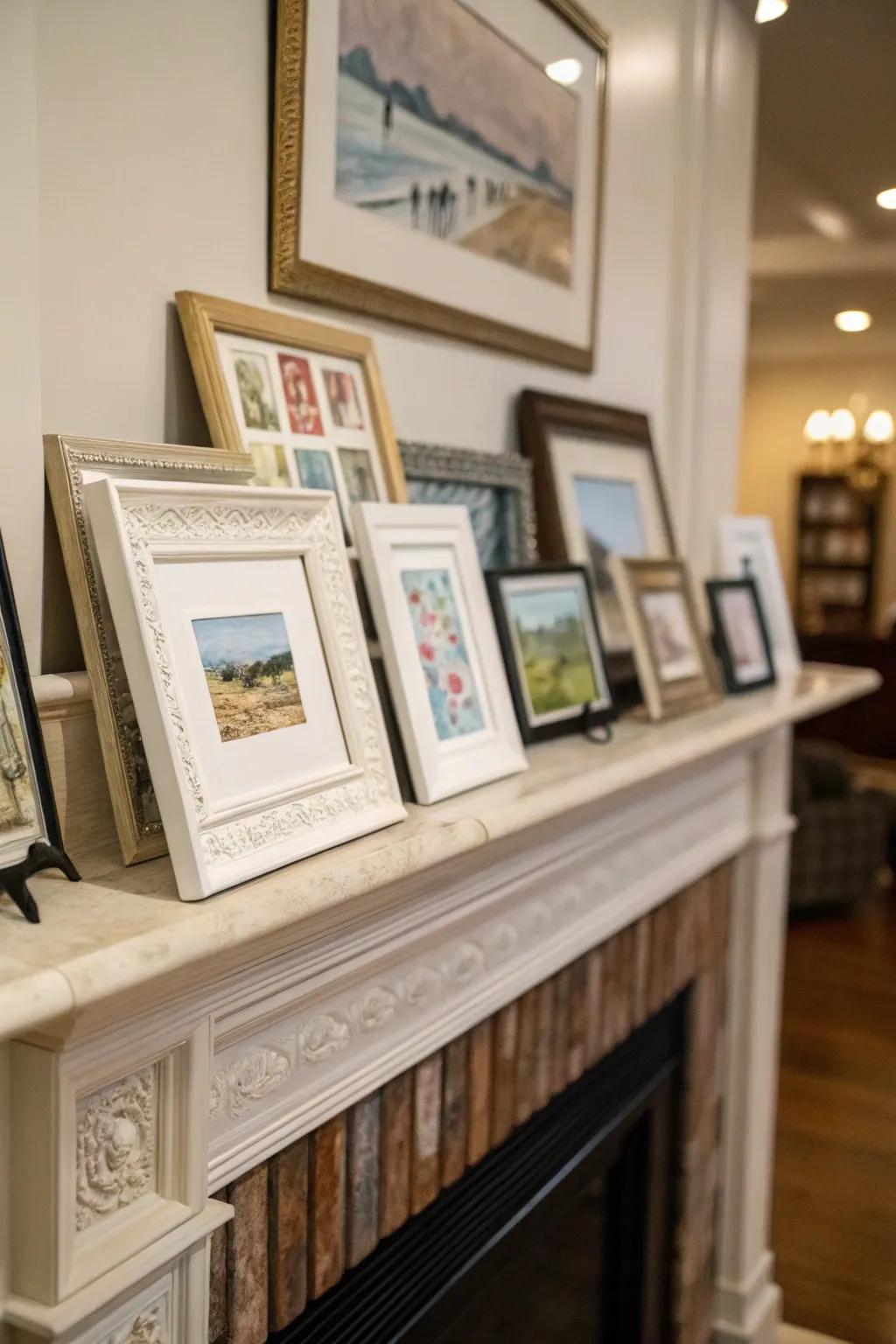 A series of artwork improves the allure of this everyday mantel.