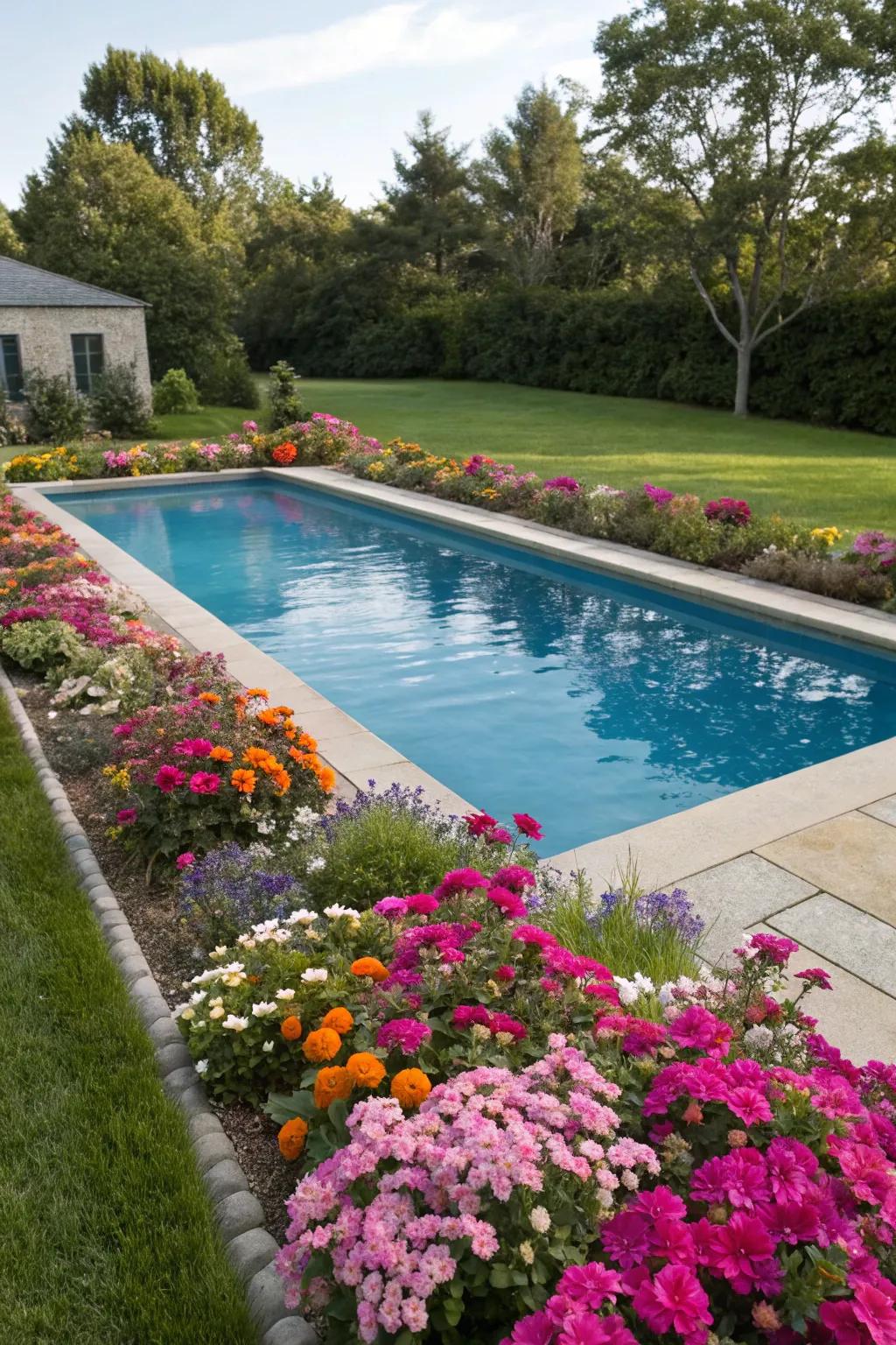Bright plant beds bring life and energy to the pool area.