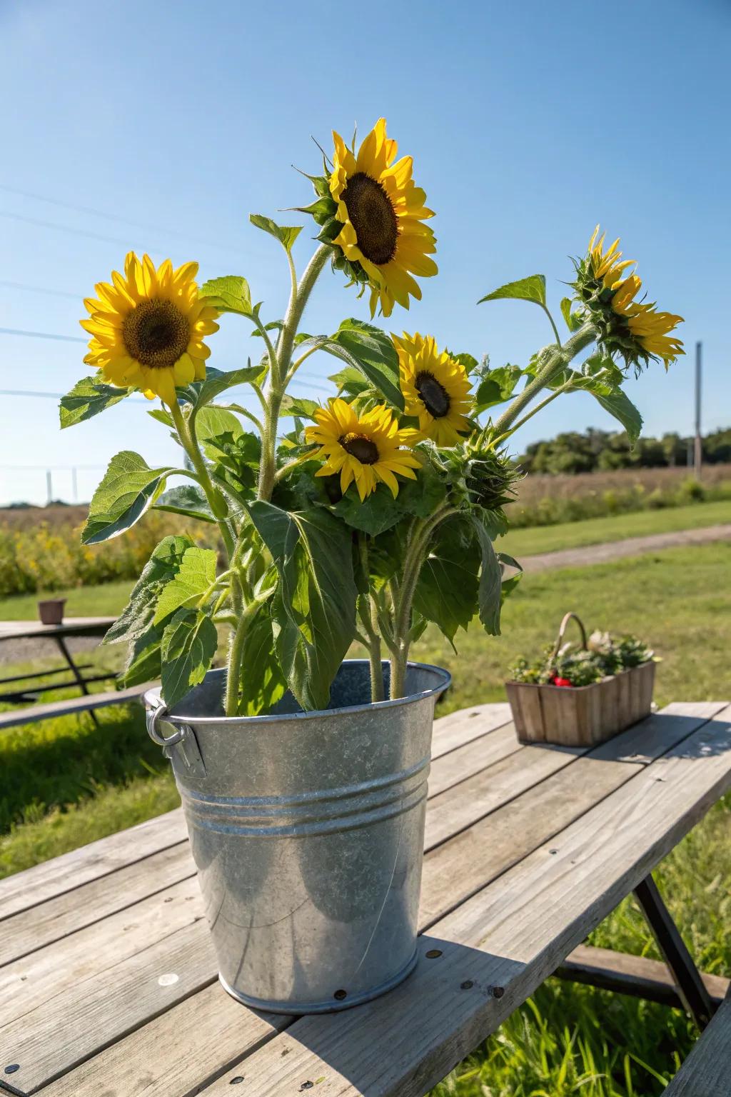 A metal bucket packed with sunflowers oozes country-style charisma.