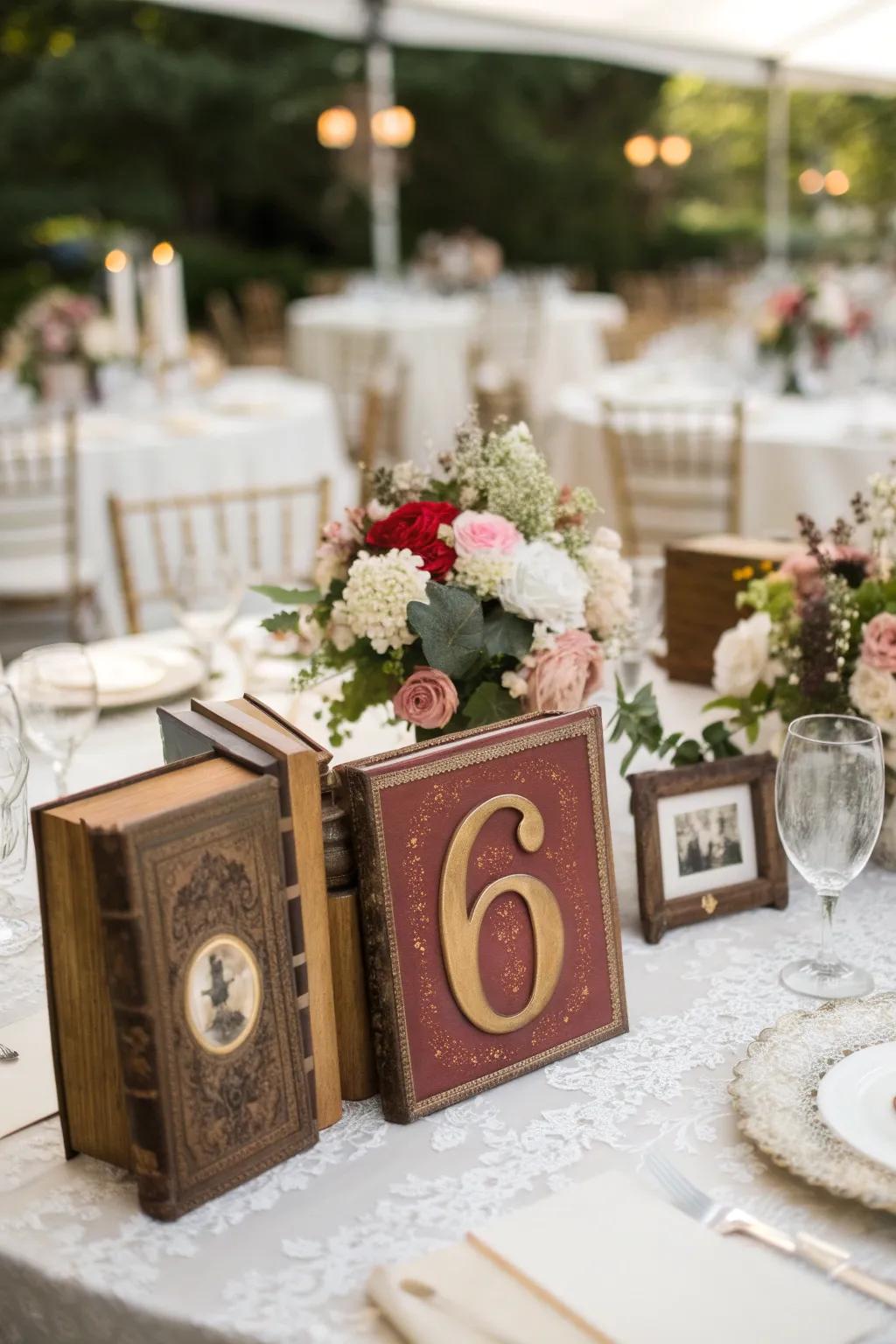 Creative table numbers in books add character and charm.
