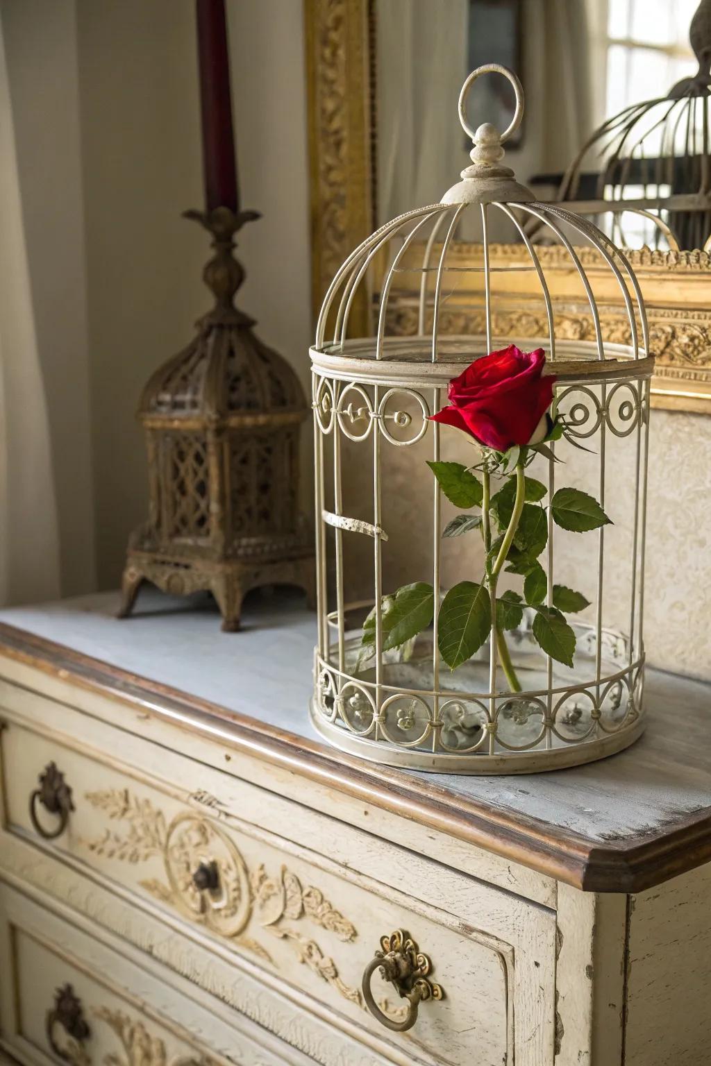 A birdcage contributes an enchanting element to a single rose centerpiece.
