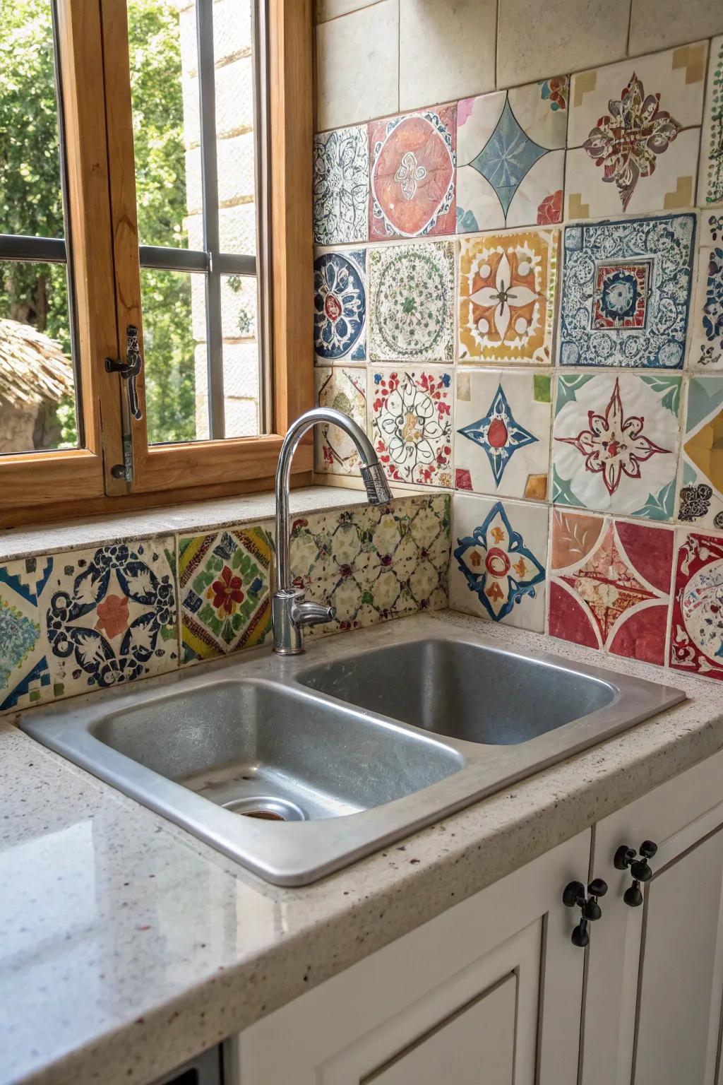 An unconventional blend of surfaces creates a whimsical and personalized cooking area.