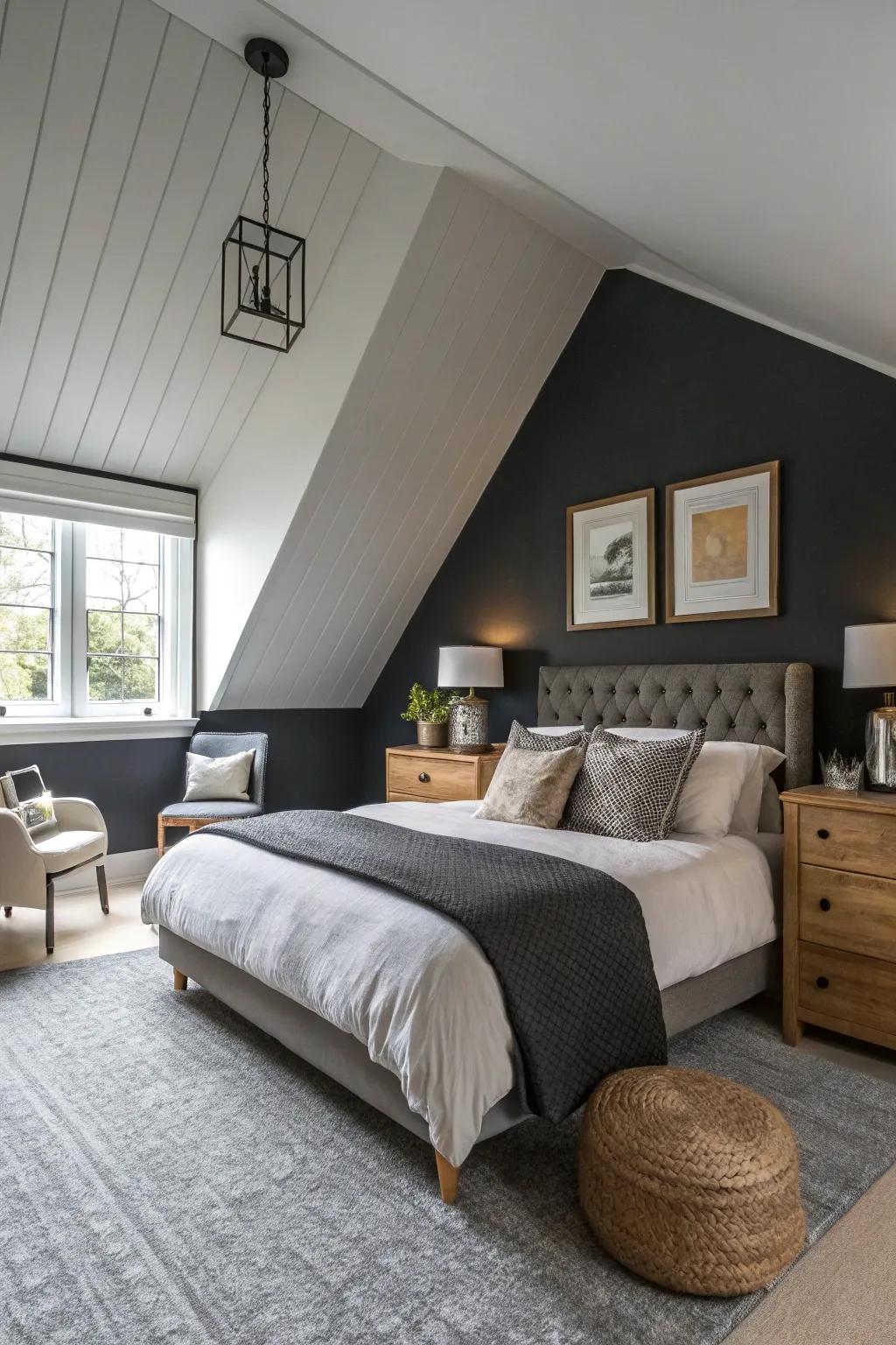 A dark ceiling becomes a dramatic focal point in this sophisticated bedroom.