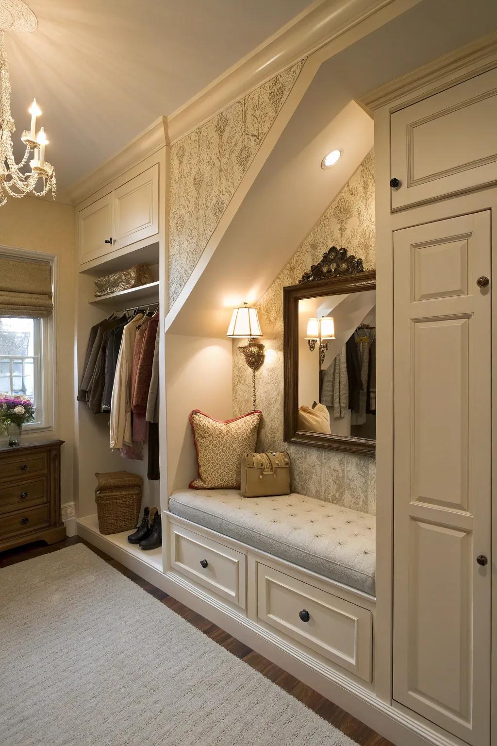 A dressing nook adds a personal and luxurious touch to your closet.