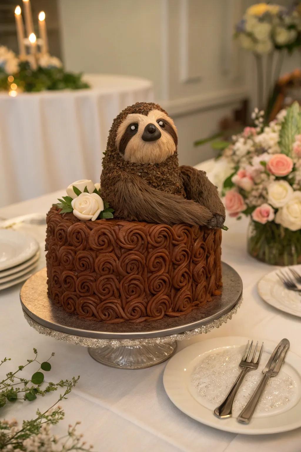 Textured cocoa coat adds realism to the sloth cake.