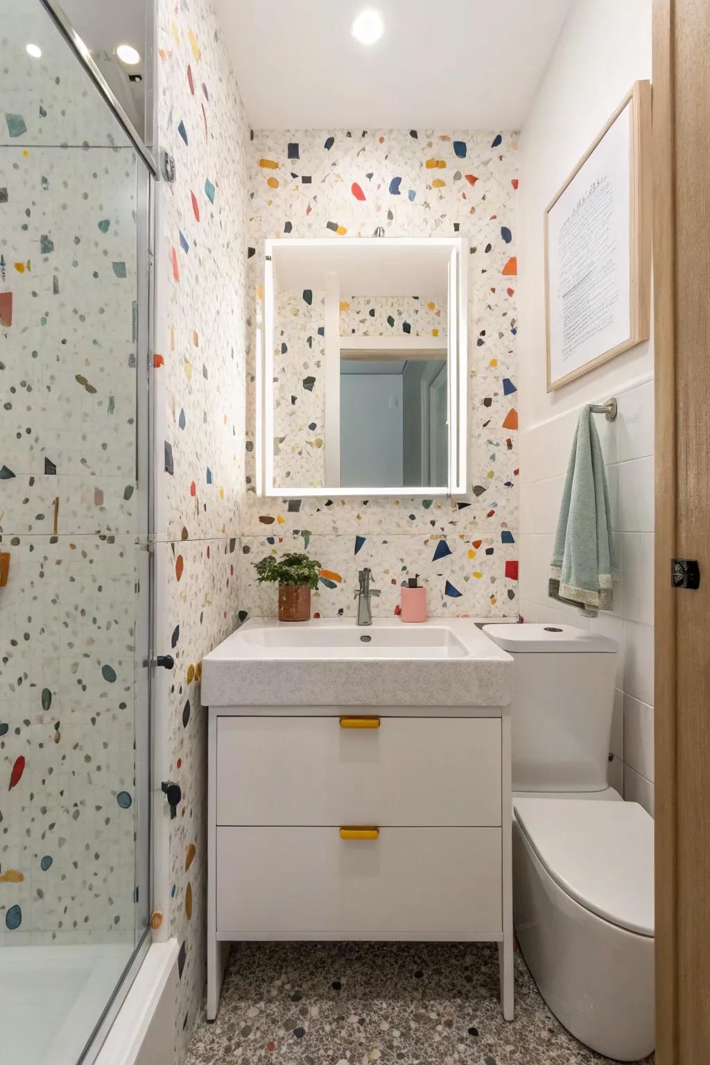 Pebble tiles add playful retro charm.