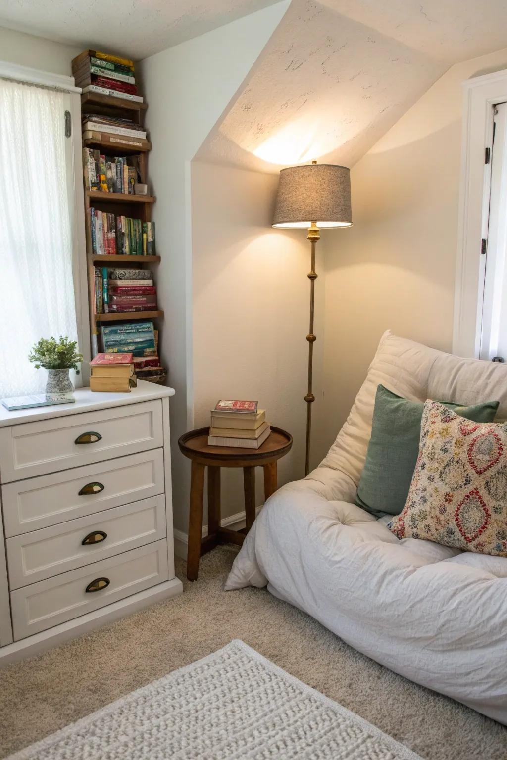A small bedroom with a cozy reading corner that has been creatively repurposed.