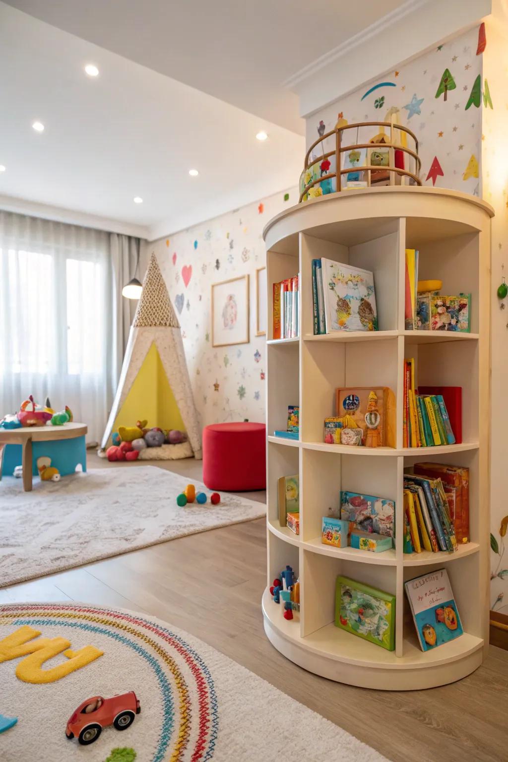 Revolving shelving solutions are concurrently amusing and functional.