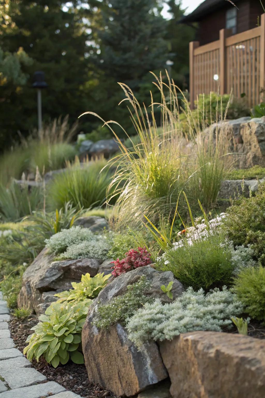 This stone garden gains depth from tiered plant tiers.
