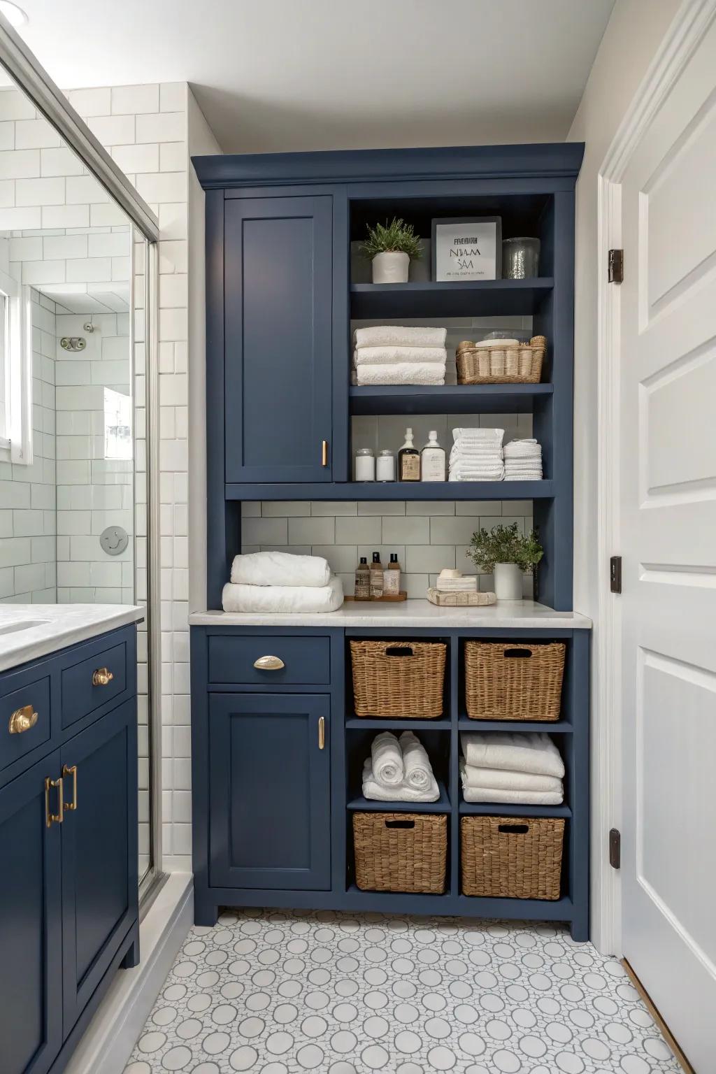 Dark blue storage solutions offer both functionality and elegance.
