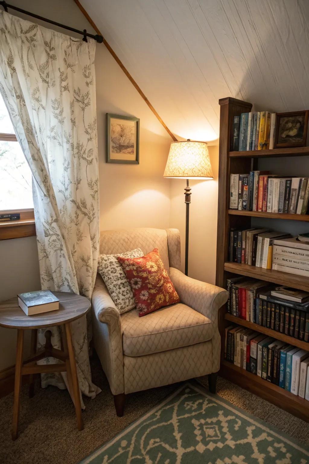 A reading nook transforms a den into a snug haven.