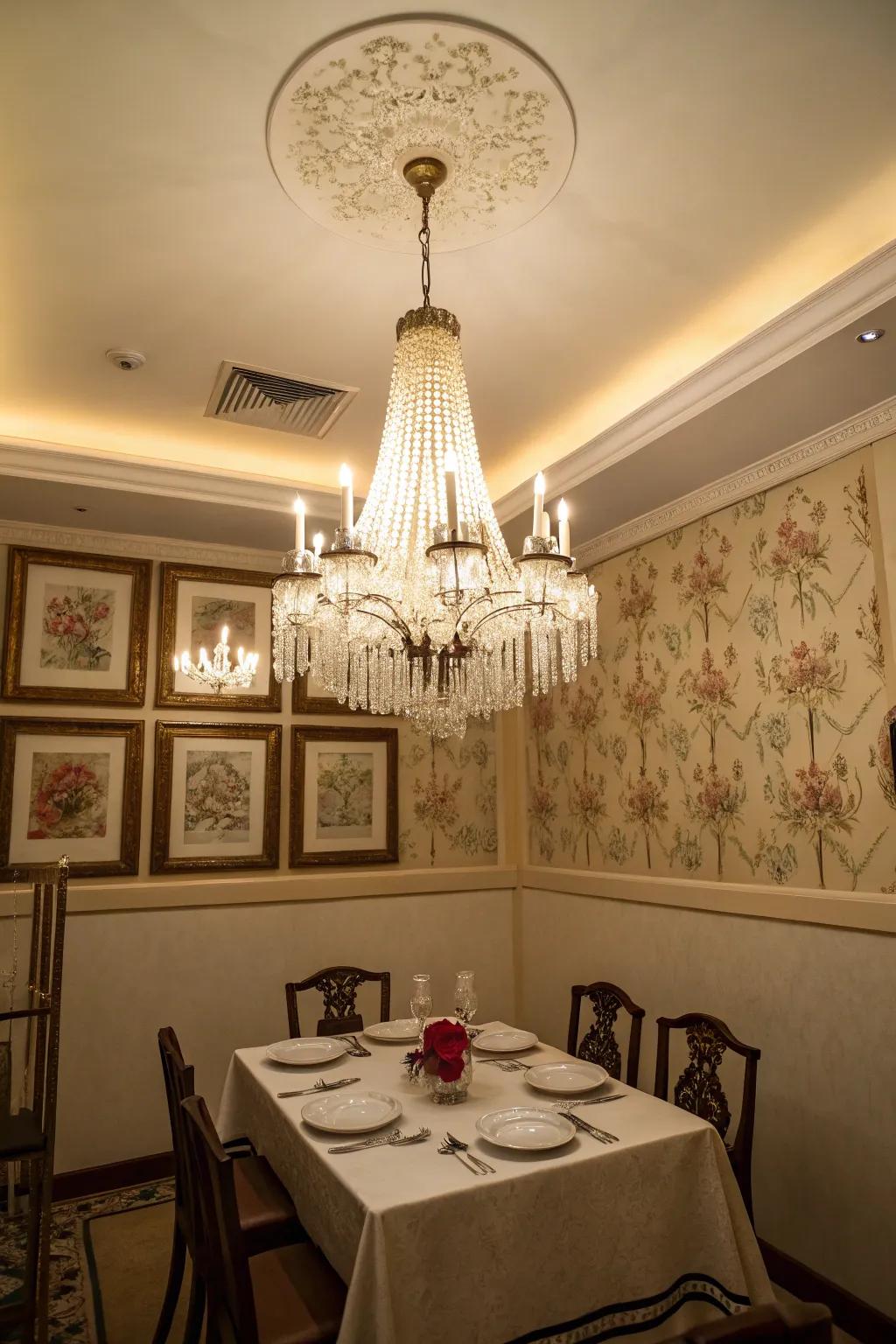 Long chandeliers accentuate high ceilings, adding dimension to the space.