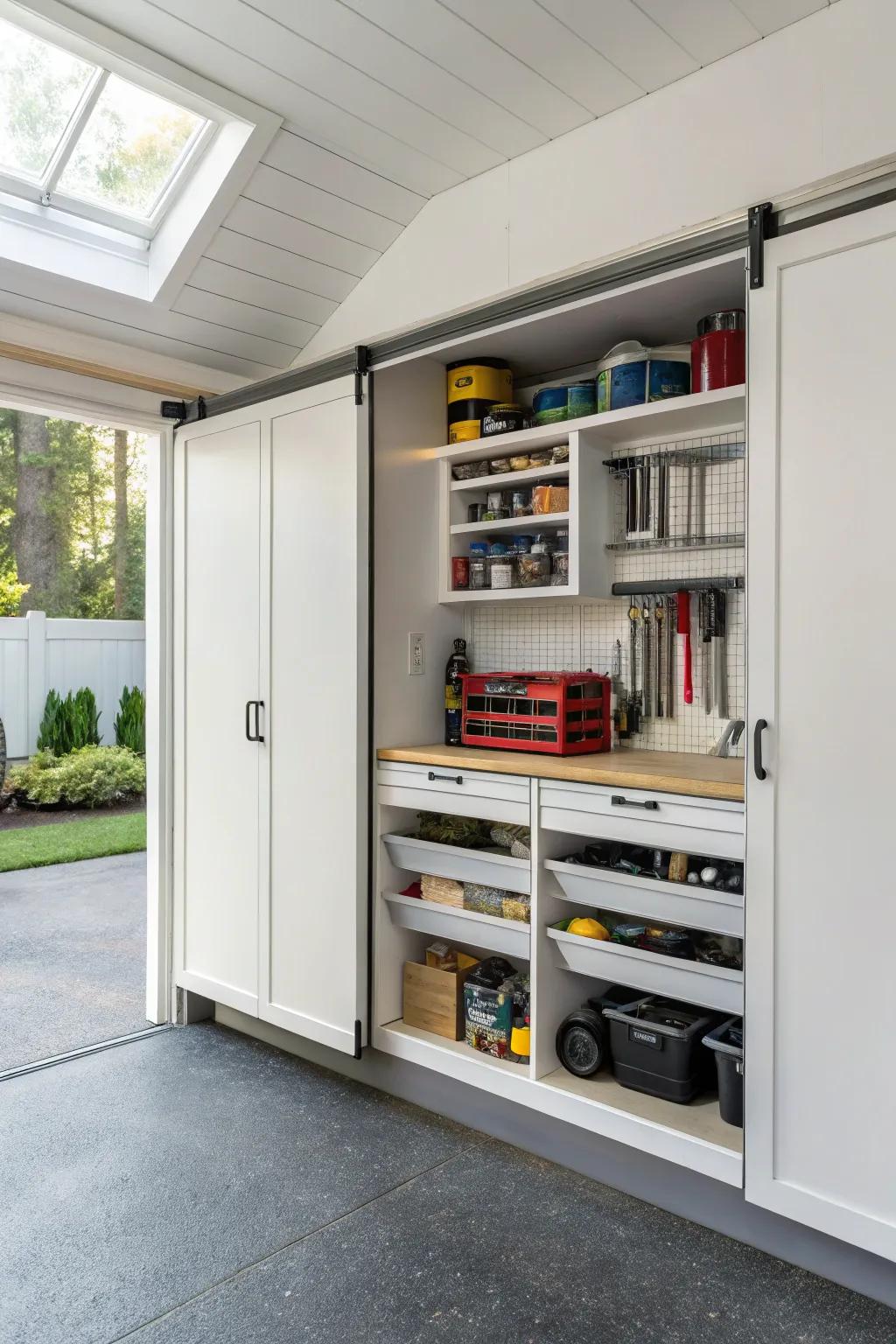 Sliding shelves make accessing stored items simple and efficient.