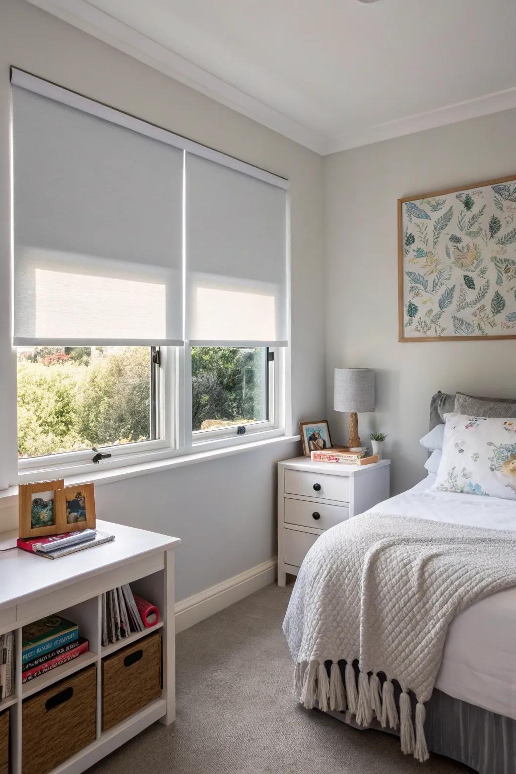 Blinds provide a streamlined and updated style.