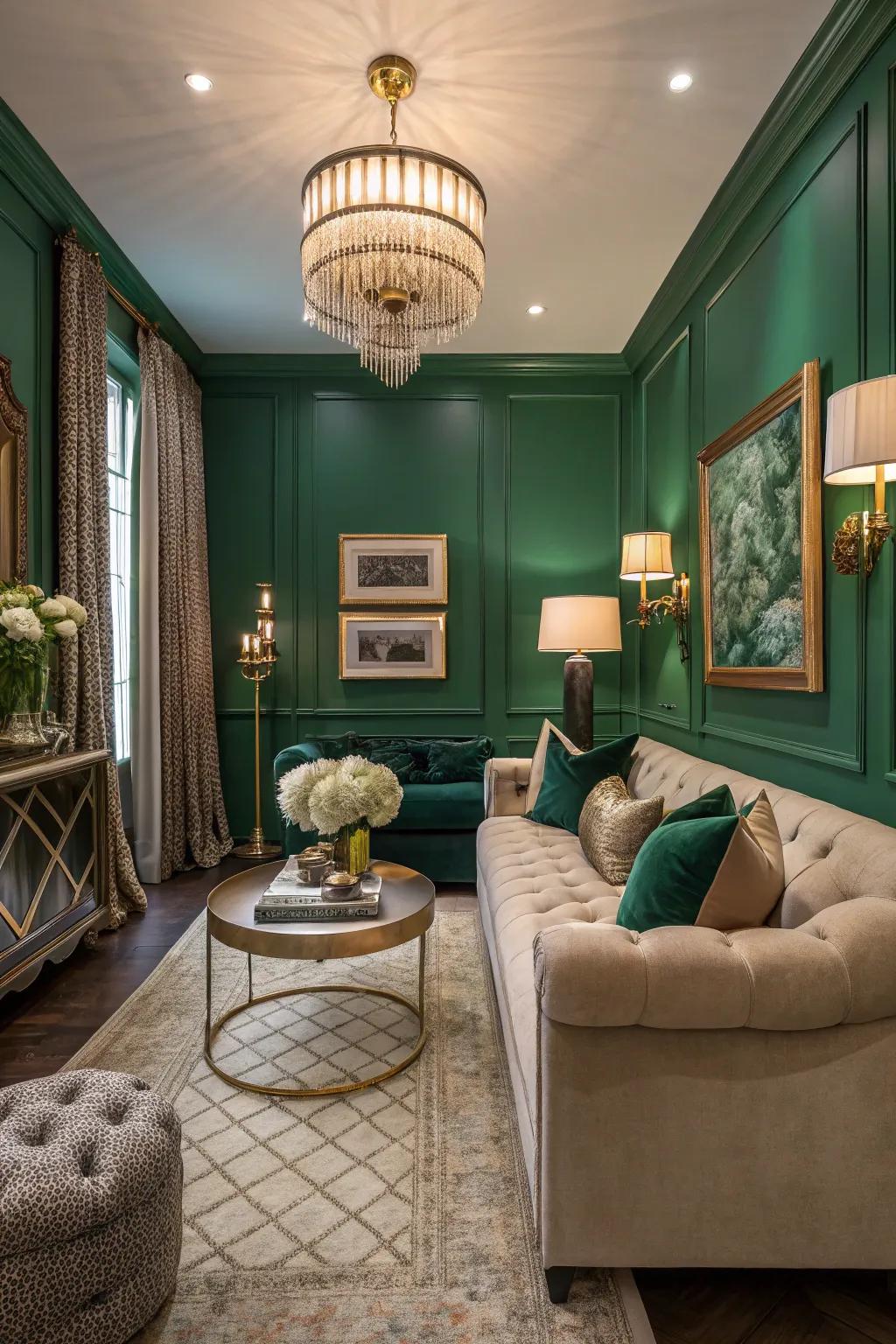 A small living room using emerald walls that provide a luxurious touch.