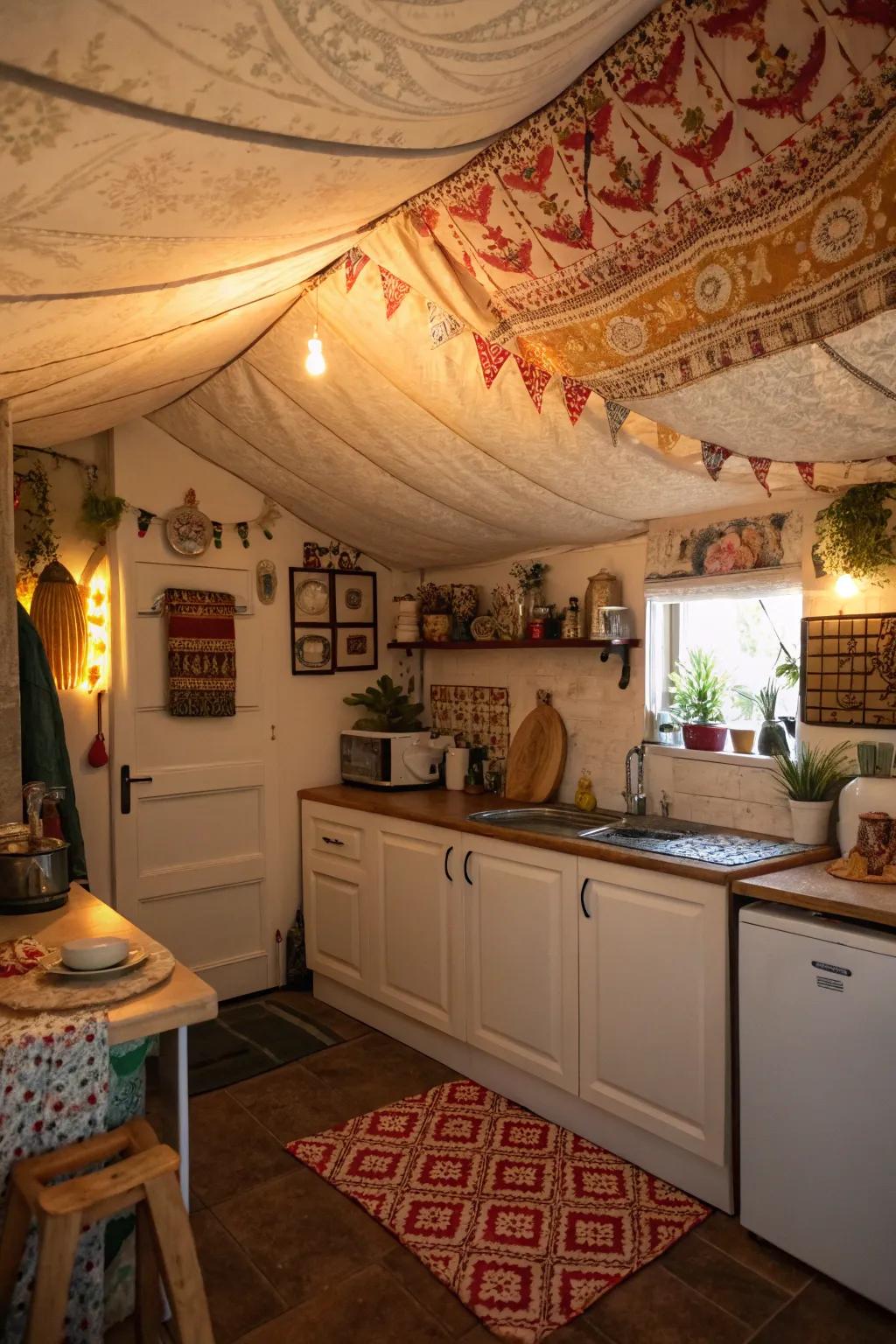 Material ceilings bring softness and a cozy vibe to unconventional kitchen schemes.