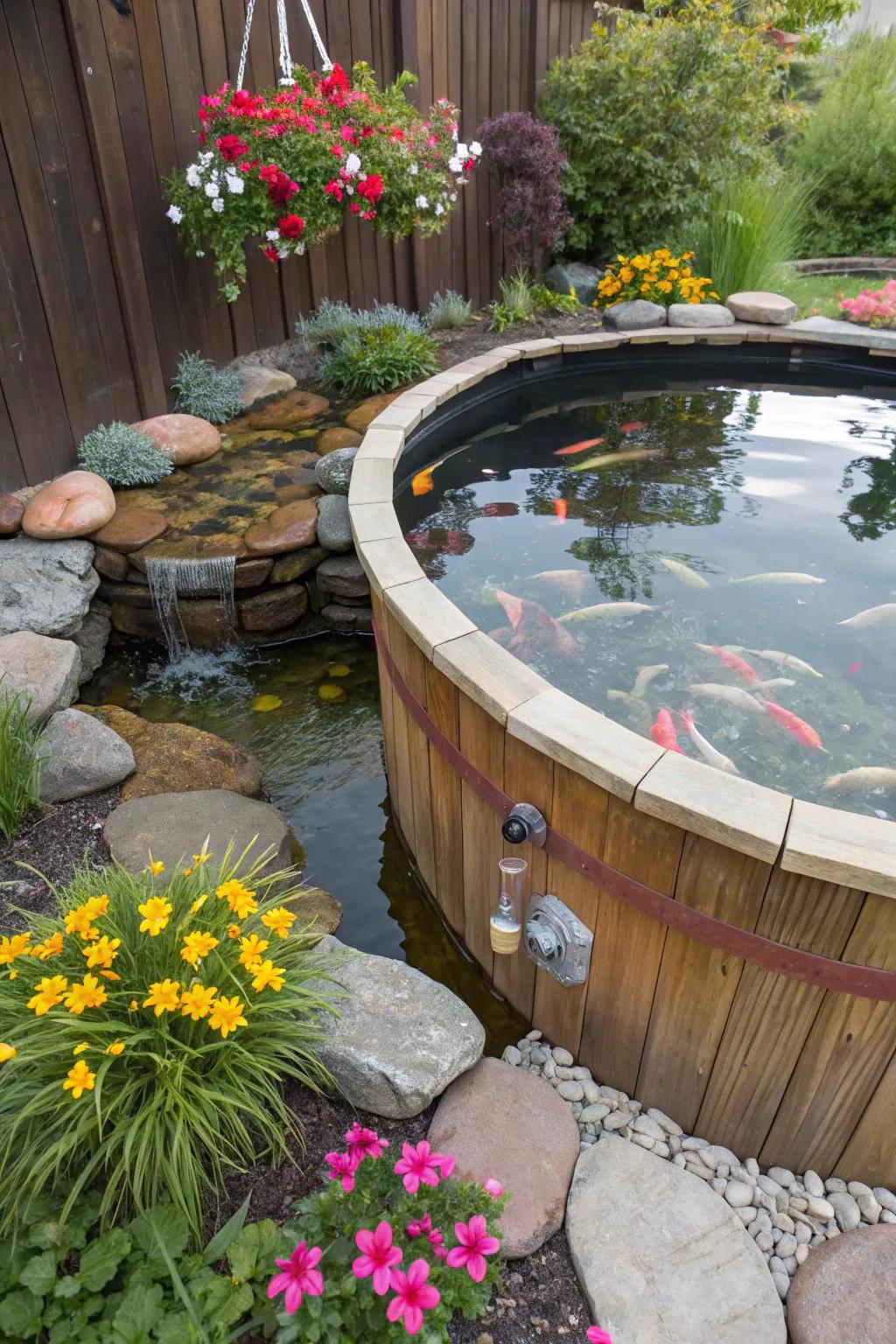 A playful koi haven created from a repurposed hot tub.
