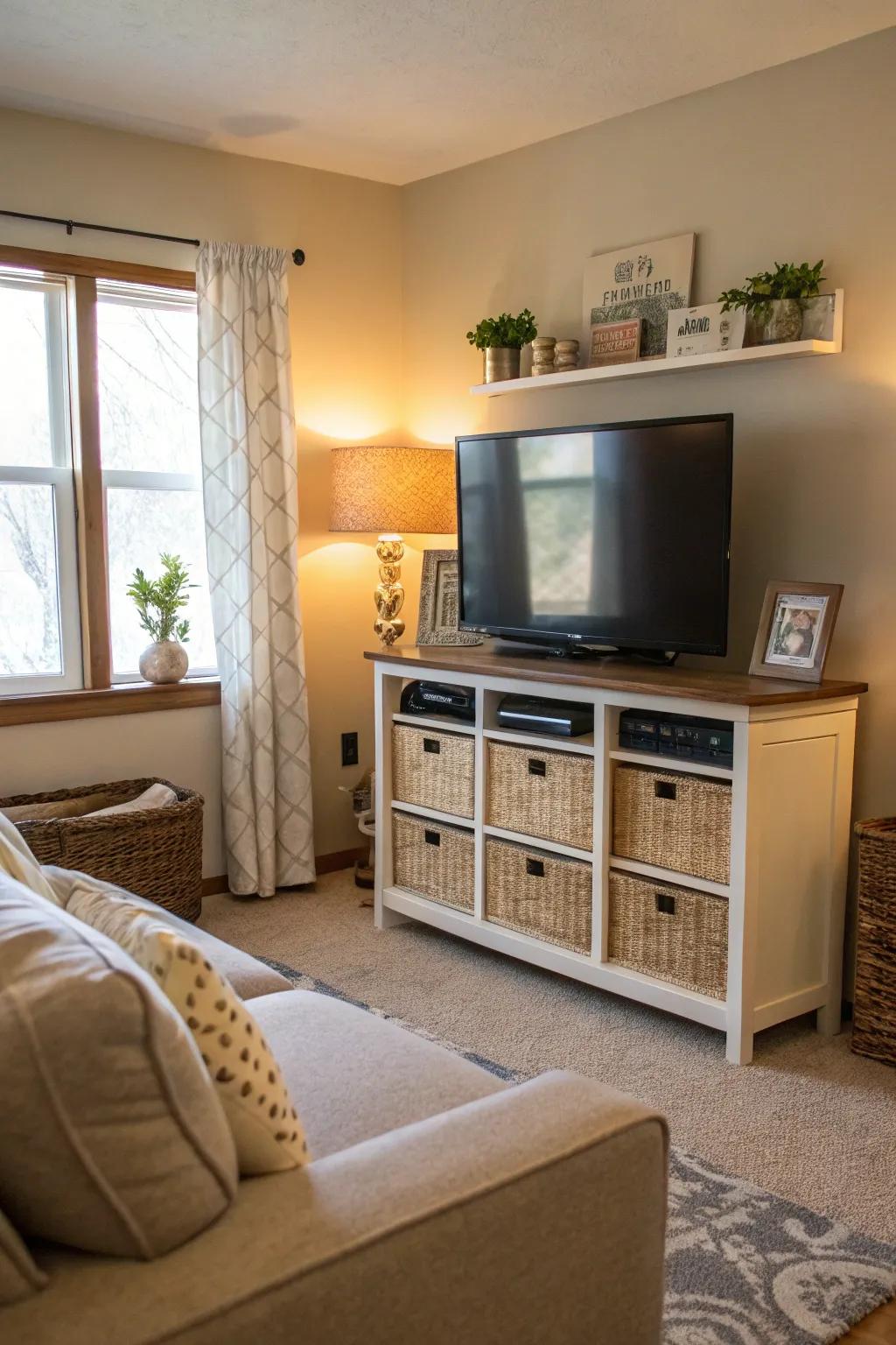Your media will be organized using the storage in this TV stand.