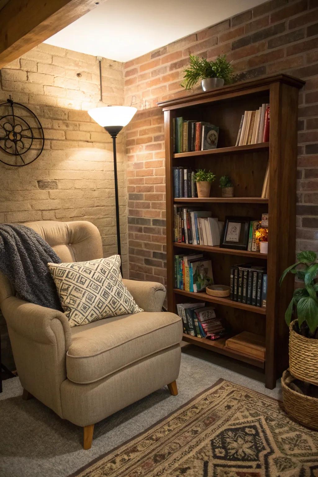 A reading spot with a comfy chair and bookshelf is a peaceful escape.