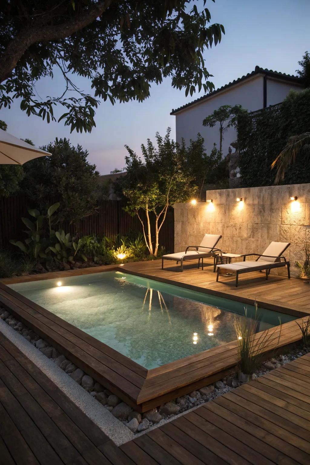 A floating deck giving a pool a unique edge.