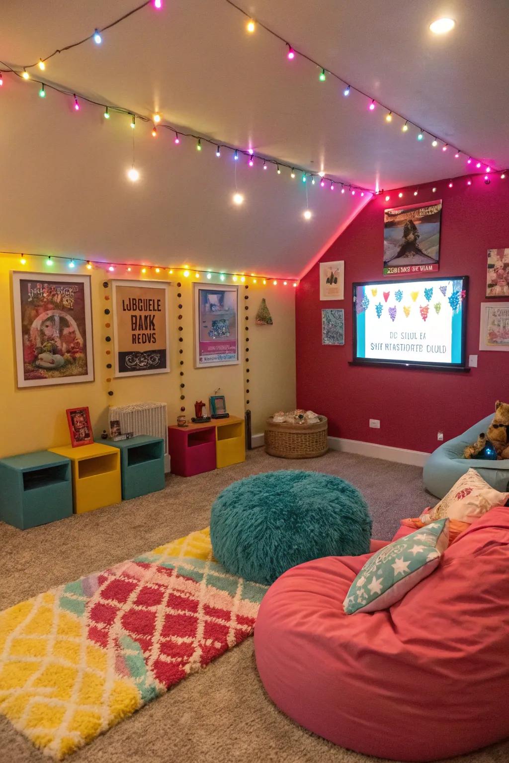 A fun and colorful movie area designed for children.