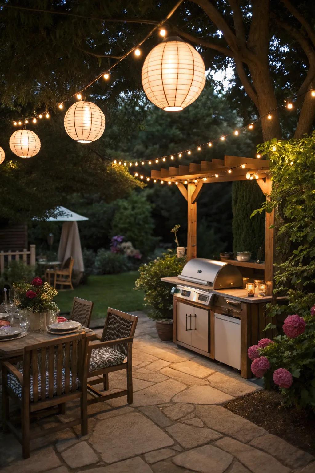 Inventive lighting introduces a magical touch for evening use.