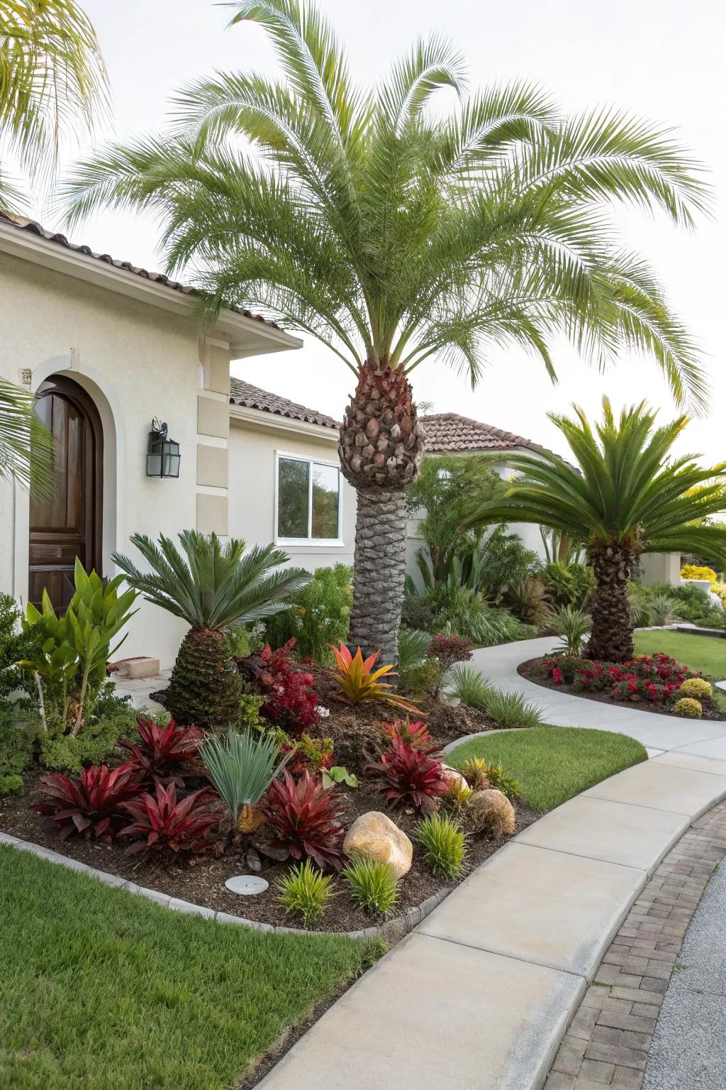 Succulents and palms combine to form a low-maintenance, attractive garden.