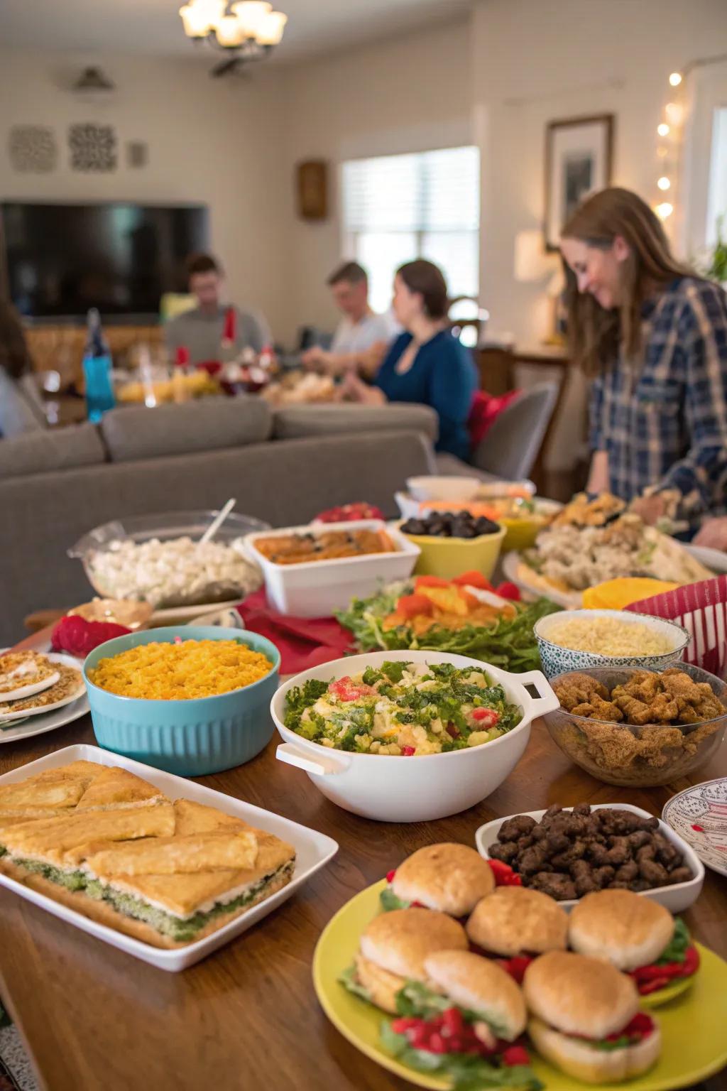 A potluck dinner arrangement featuring a variety of dishes on the table.