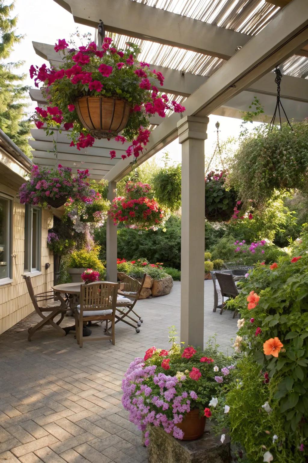 Hanging planters give a small pergola a lush and vibrant dimension.