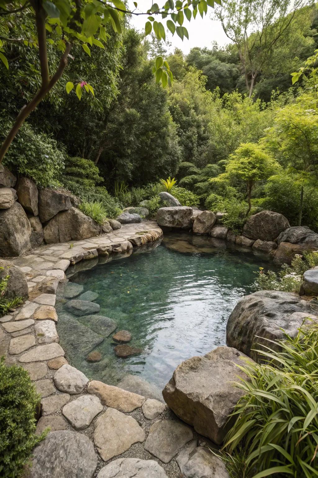 Organic aspects transform this pool into a peaceful haven.