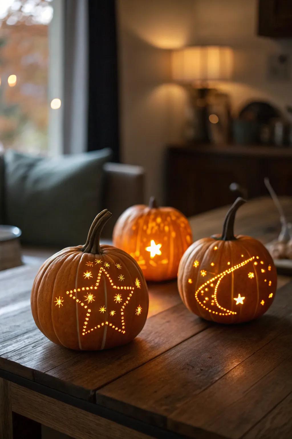 Pumpkins that portray constellations generate a sublime, astral atmosphere.