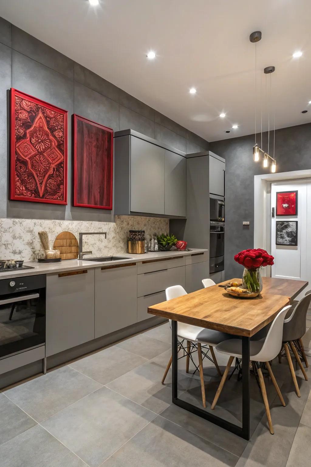 Red artwork on grey walls creates a sophisticated kitchen vibe.