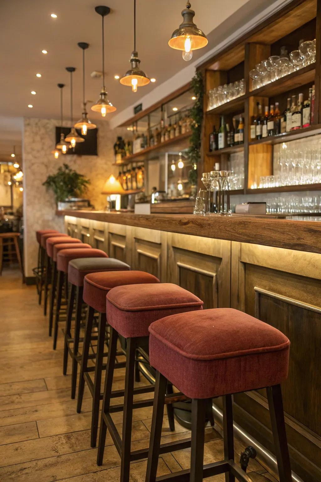 Inviting seating motivates visitors to linger at a small restaurant bar.