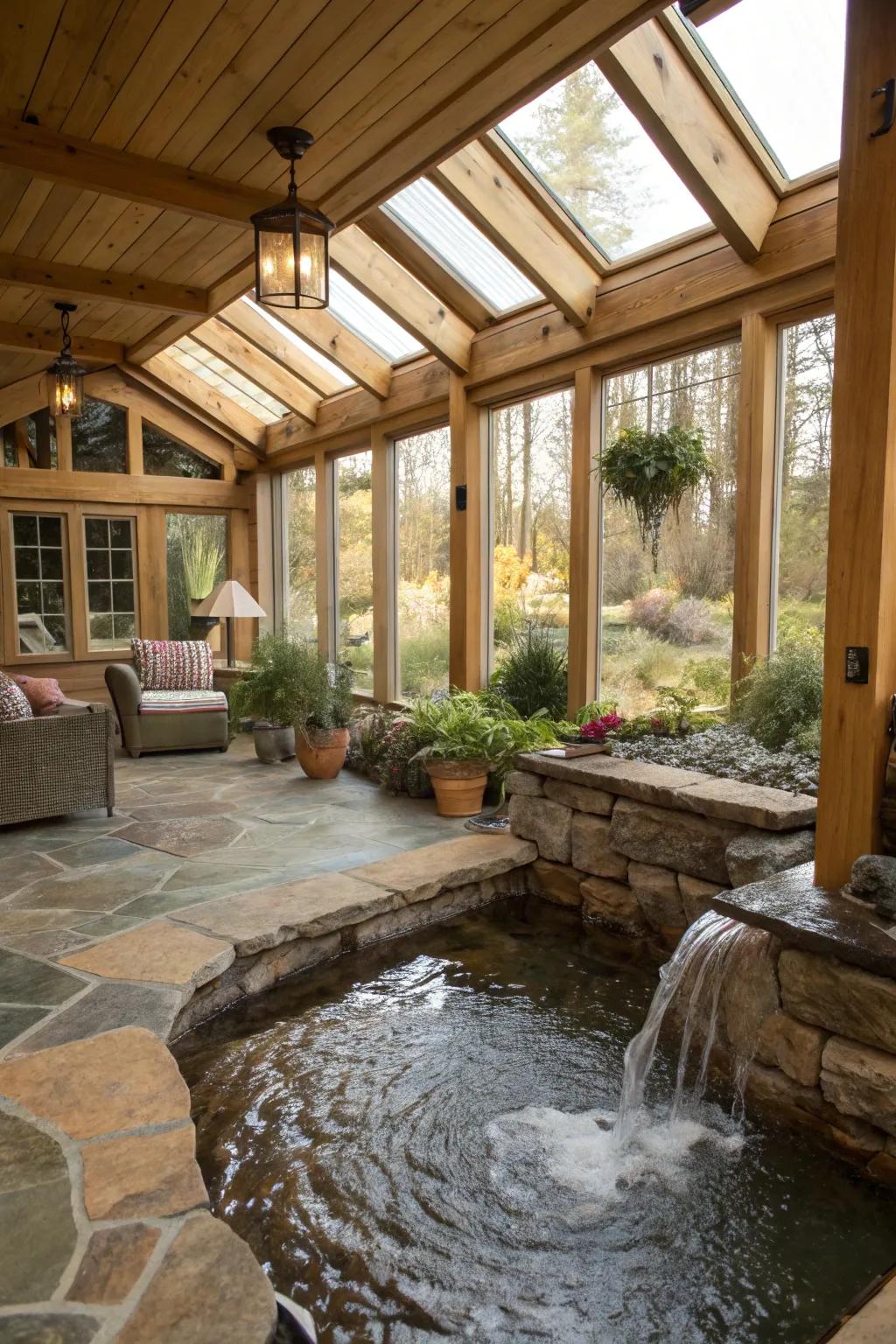 A water feature introduces a tranquil ambiance to this country-style sunroom.