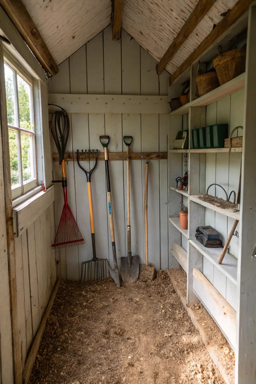 Efficient backyard tool storage inside a small shed.