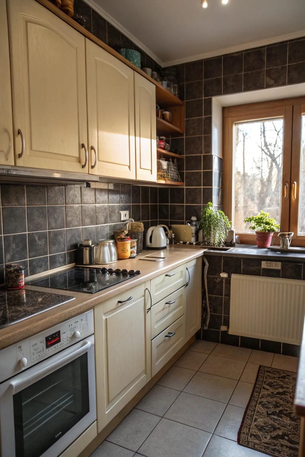 Deep tones add dimension to a compact kitchen design.