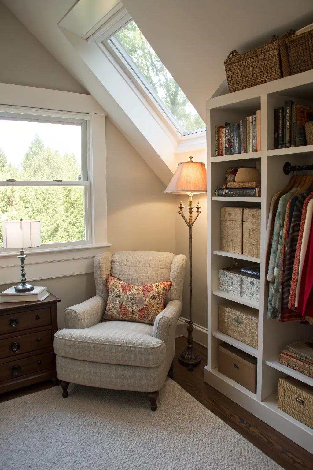 A reading corner by the window offers appeal and function.