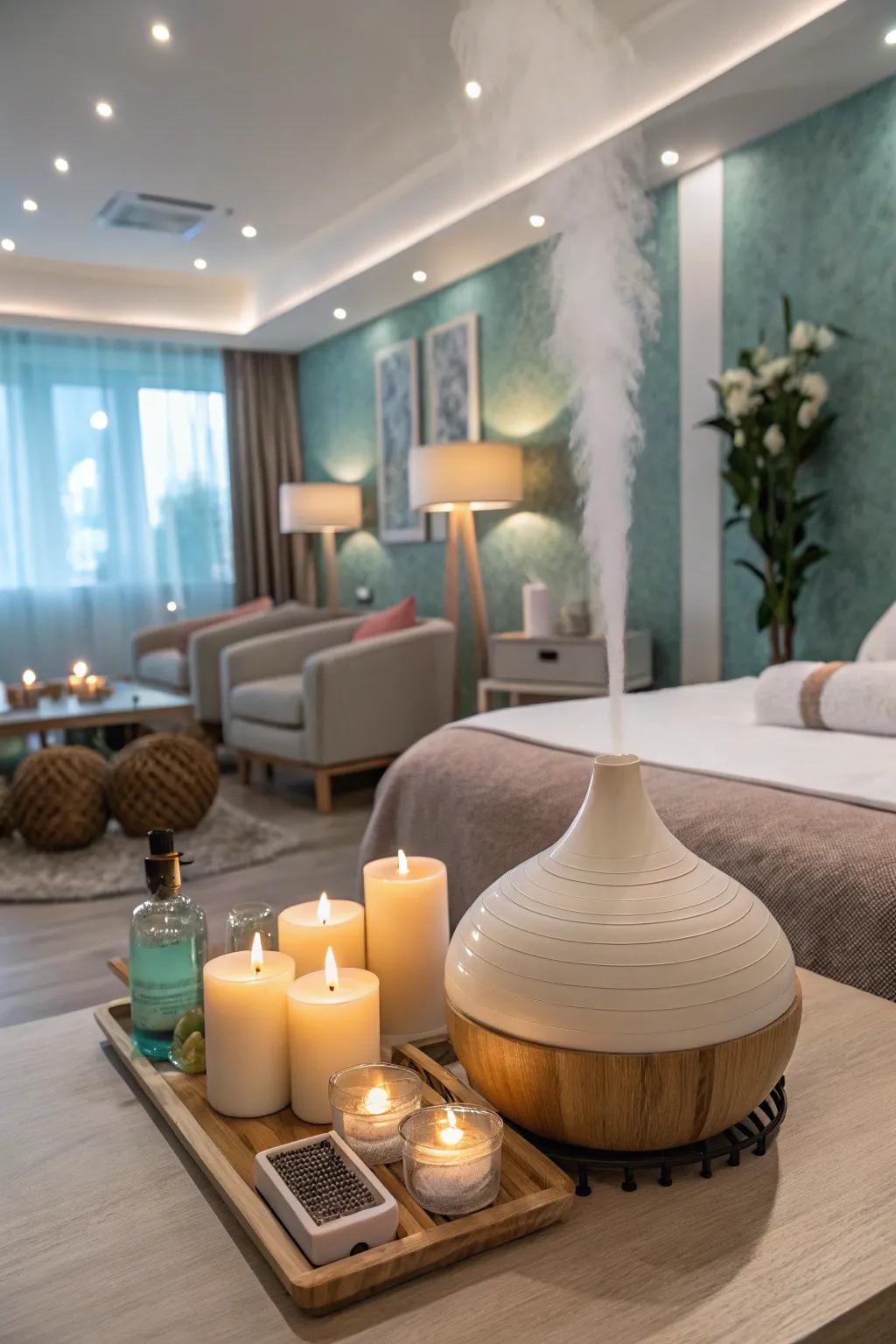 Aromatherapy with diffusers and candles in a spa space