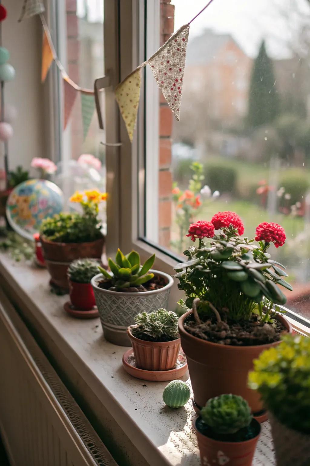 A window ledge is creatively used to display plants and decor.