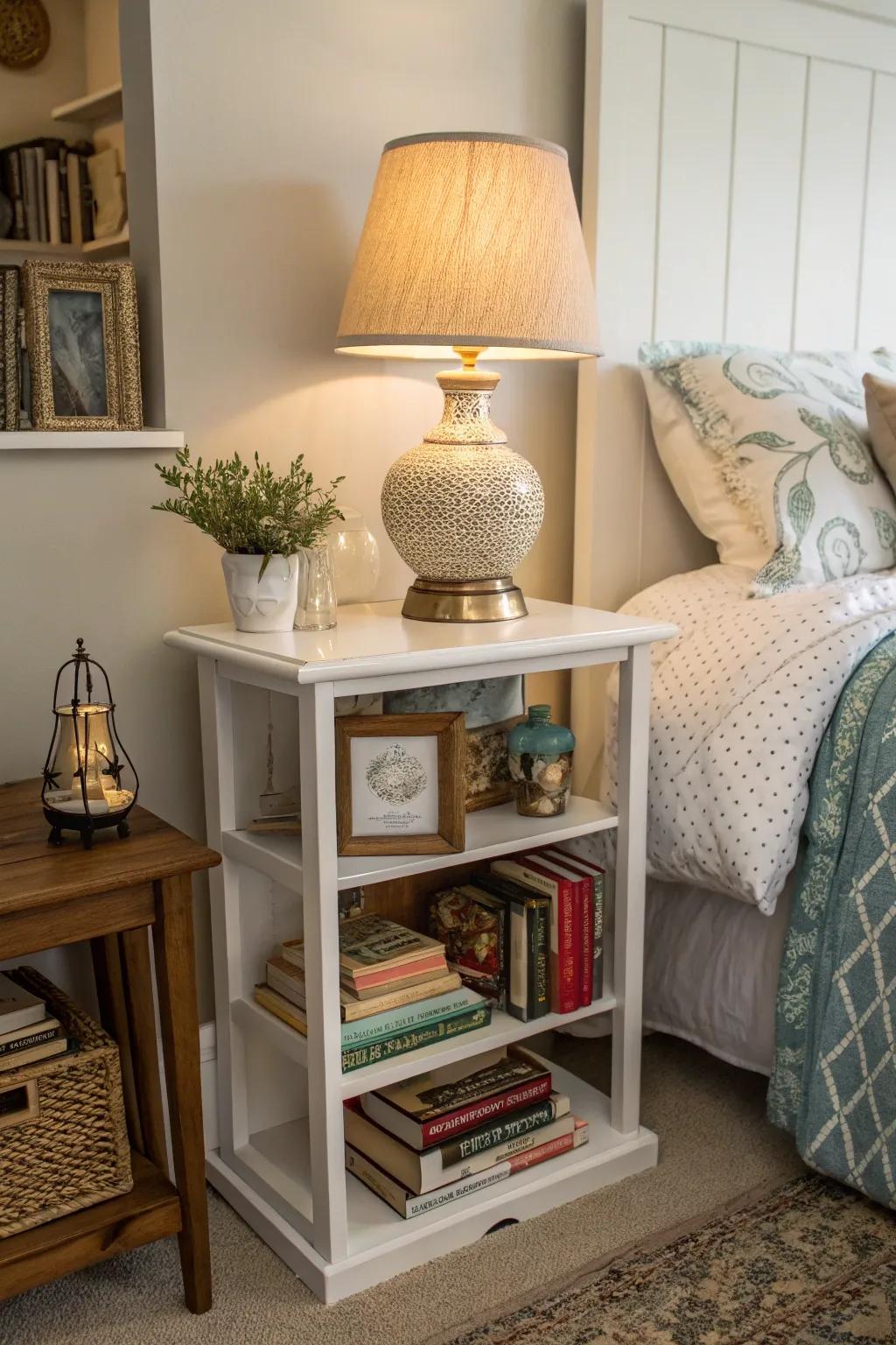 Shelving units make great bedside storage options.