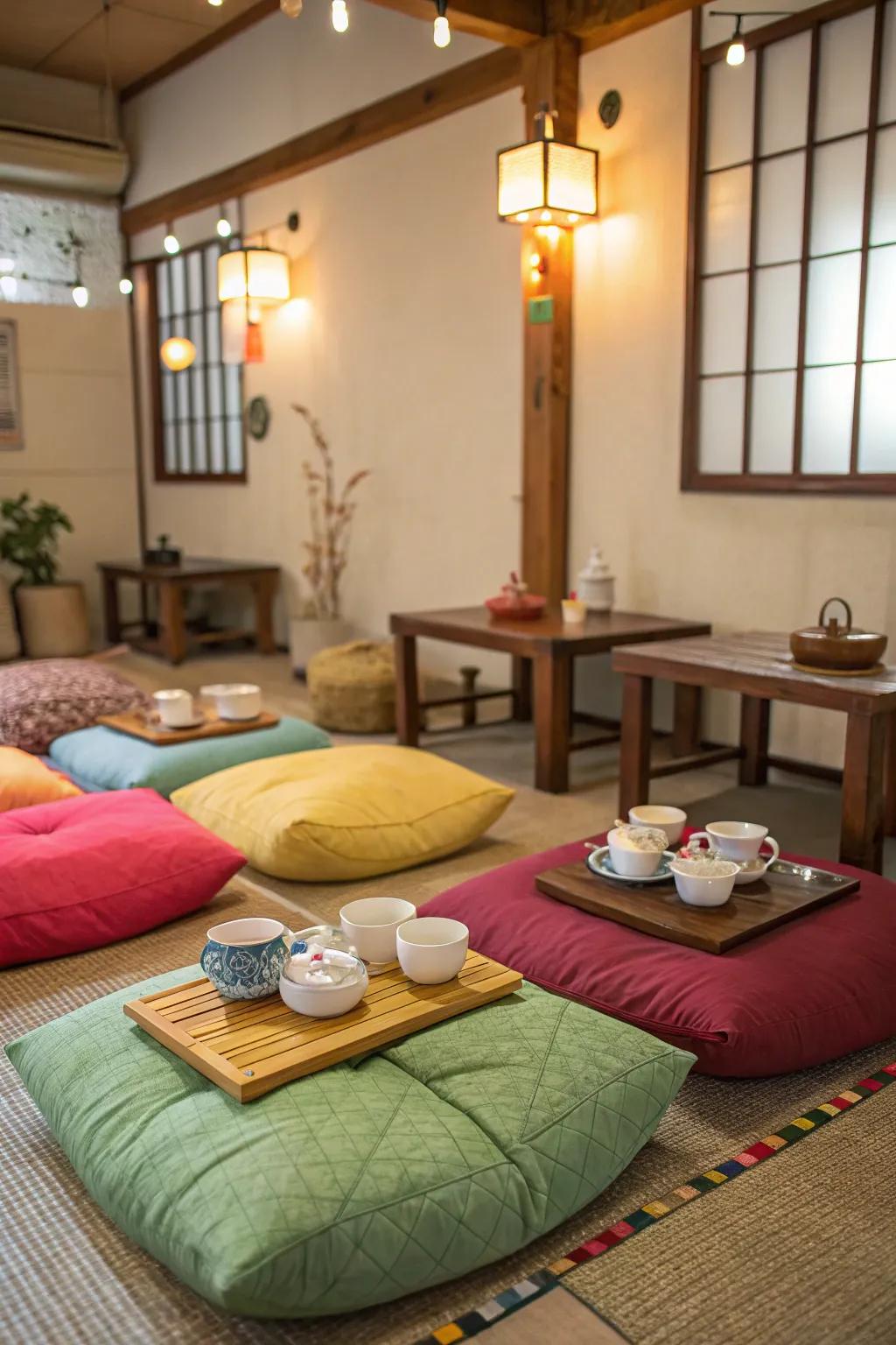 Ground cushions offer comfort and flexibility in seating.