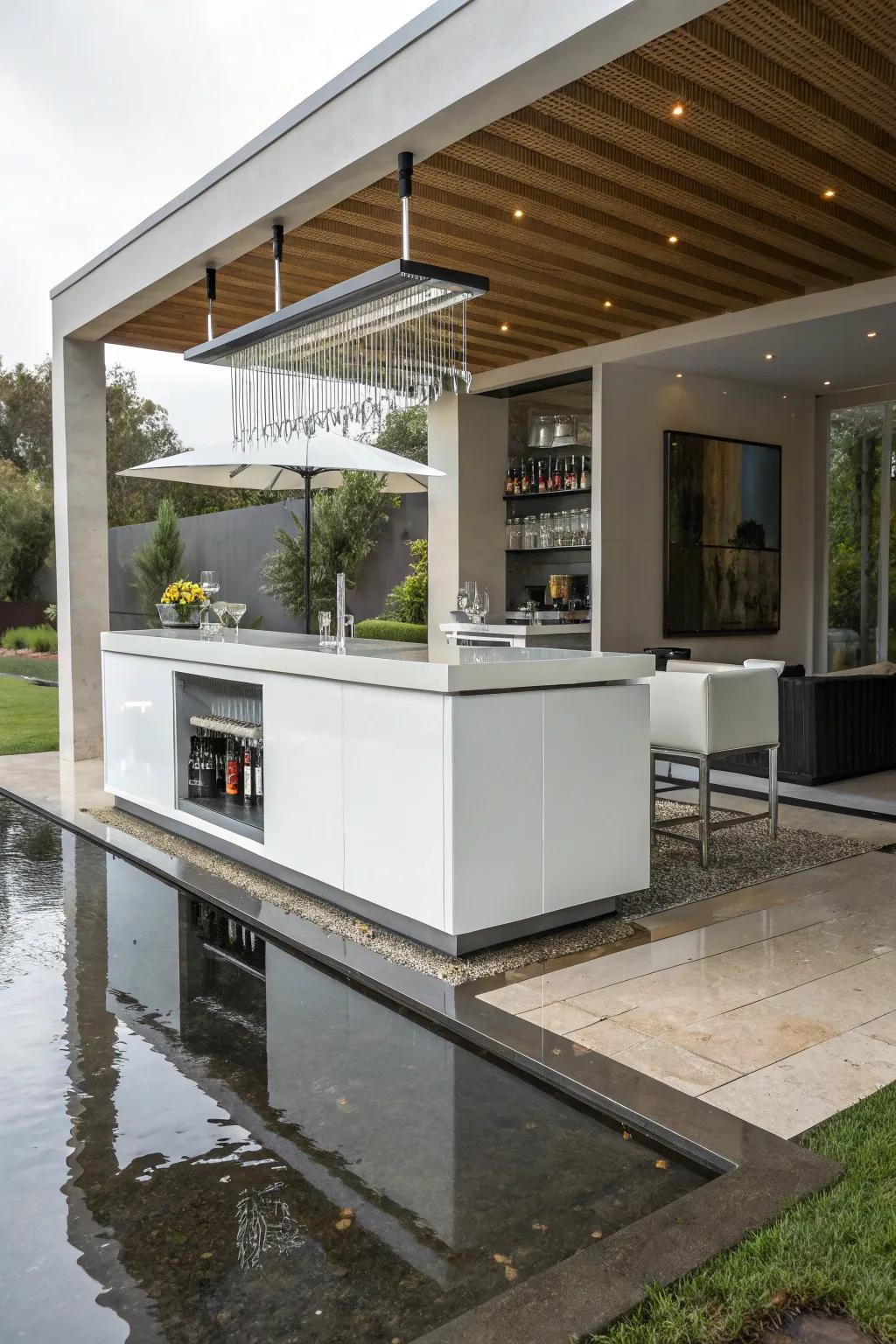 A modern floating bar design is featured in a compact wet bar.